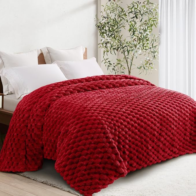 Whale Flotilla Soft Fleece King Size Bed Blanket Luxury 3D Jacquard, Red | Lightweight Breathable Coverlet Bedspread for All Seasons, Super Cozy Plush Fluffy Fuzzy Decorative Blanket for Bed, 90"x104"