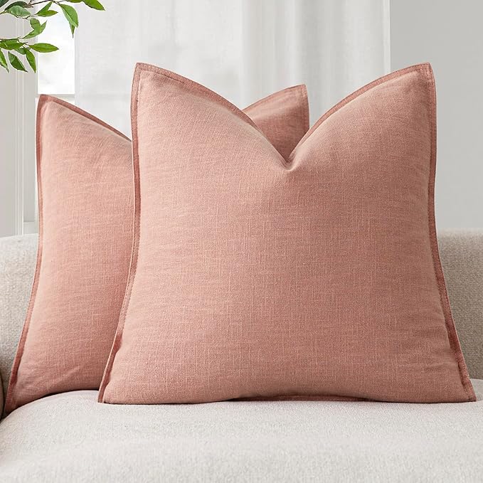 Foindtower Pack of 2, Decorative Linen Solid Throw Pillow Covers Soft Accent Euro Cushion Case Boho Farmhouse Pillowcase for Chair Couch Sofa Bedroom Living Room Home Decor 24 x 24 Inch Coral Pink