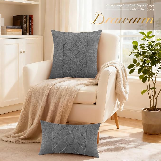 BRAWARM Chenille Throw Pillow Covers 22x22 Inches, Gray, 2 Pack | Decorative Pleated Pillow Covers, Soft Cushion Cases for Sofa Bed Living Room Home Farmhouse (No Insert)