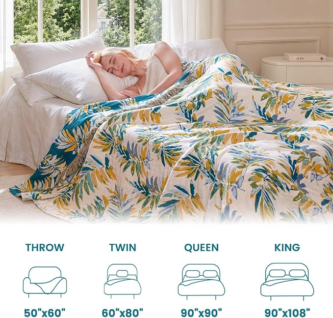 MSGKV Boho Throw Blanket 60"x80" 100% Cotton Leaves Muslin Blanket for Bed | 100% Cotton Muslin, Twin Size Throw Blanket, Leaves Pattern, Soft & Breathable, Lightweight Comfort, Machine Washable