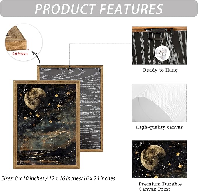 ICHZUMW Framed Moon and Stars Celestial Vintage Canvas Wall Art 16x24 In | Dark Moody Night Sky Painting, Gothic Dark Academia Wall Decor for Bedroom Living Room Bathroom Office, Ready to Hang