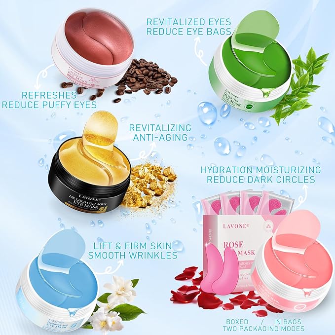 LAVONE Under Eye Patches-30 Pairs Hydrating & Anti-aging Eye Mask Skin Care for Dark Circles and Puffiness,Reduce Wrinkles,Eye Bags and Fine Lines,Eye Masks for Women and Man,with Hair Clips