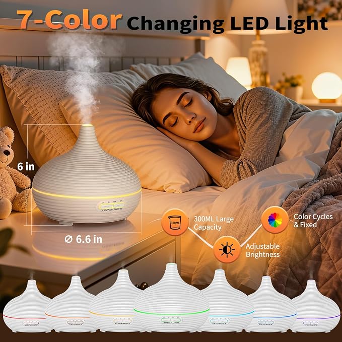 URPOWER 300ml Sleep Diffuser for Bedroom, All-Night Essential Oil Diffuser, Quiet Ultrasonic Cool Mist, Auto-Off & Timer, 7 LED Color Diffusers Humidifier for Home Office & Large Rooms