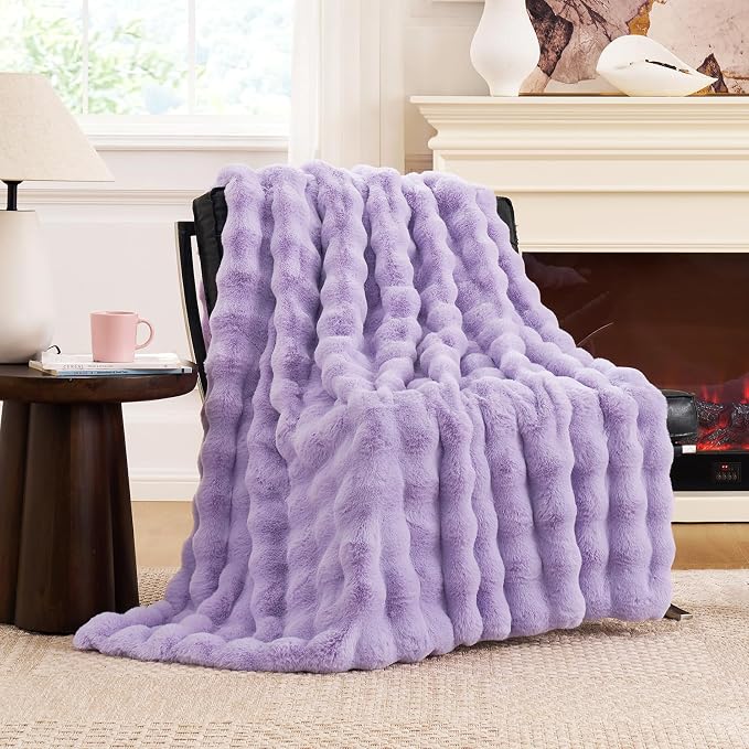Cozy Bliss Faux Fur Throw Blanket for Couch, Fuzzy Soft Plush Thick Bubble Blanket for Sofa Bedroom Living Room, 50 * 60 Inches Lavender Purple