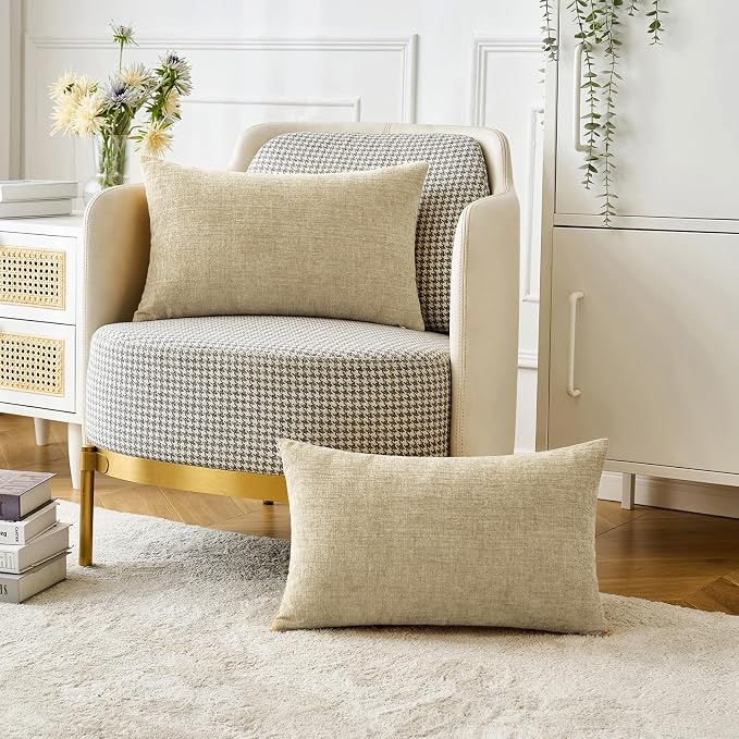 MIULEE Soft Chenille Lumbar Throw Pillow Covers Beige 12x20 Inch Pack of 2 | Modern Home Decor, Classic Decorative Pillows, Solid Dyed Cases, Boho Couch Cushion Covers for Sofa Bed Living Room