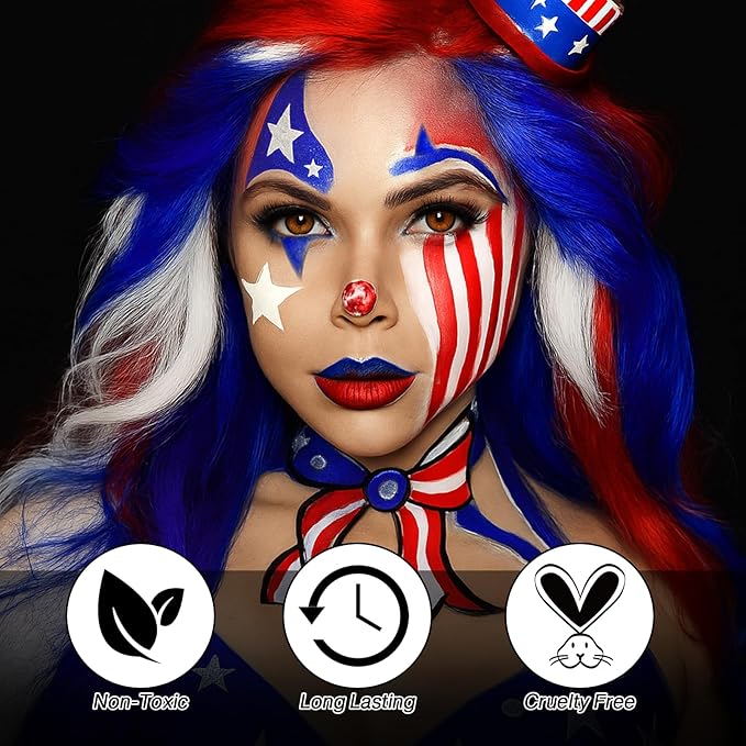 Blue White Red Face Body Paint Halloween makeup Kit, 3 colors Cream Blendable Paints with 5 Brushes, Sponge Applicators & Clown Nose Face Painting Set for Kids Adults Devil SFX Clown Costume Cosplay