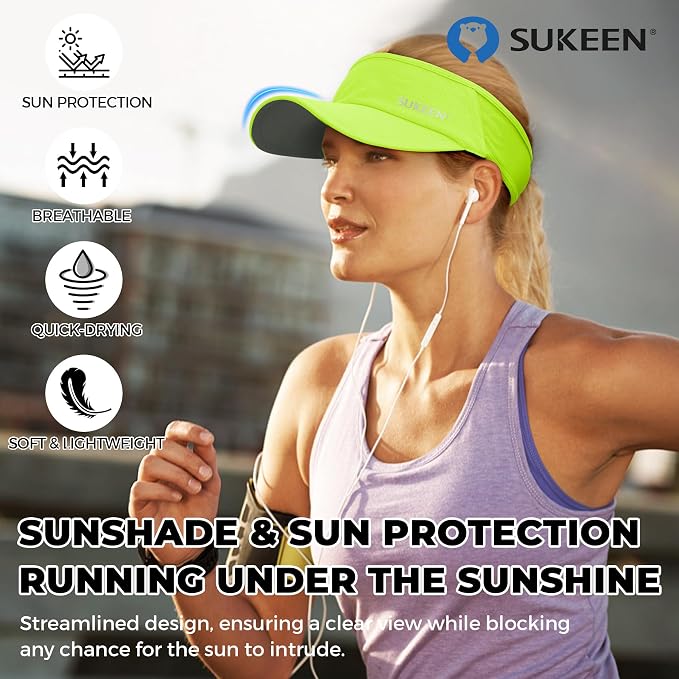 Sukeen Lightweight Sports Sun Visor Hat for Men Women | Packable, breathable, quick-dry, UPF50+ cooling visor hat, stretch fit, for running, tennis, golf, pickleball, softball
