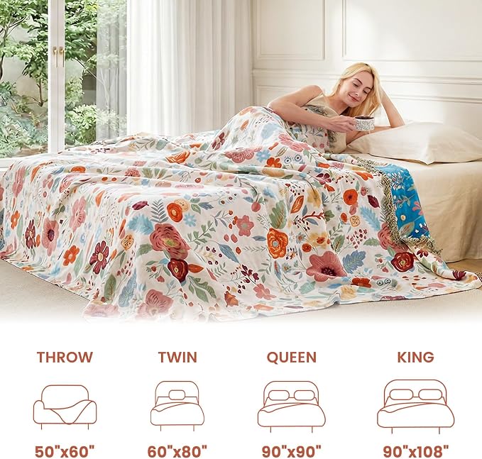 MSGKV Boho Throw Blanket 50"x60" Summer Cotton Floral Blanket for Couch | Muslin Throw, Floral Pattern, Reversible Woven, Lightweight Comfort, Farmhouse Decor, All Seasons, Machine Washable