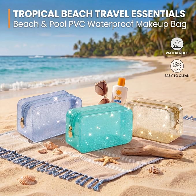 RSRSLEII Stardust Twinkle Jelly Travel Makeup & Toiletry Bag, Waterproof PVC Cosmetic Bag/Case for Women，Zipper SPF Beach Bag for Sunscreen Skincare and Daily Essentials (08Silver)
