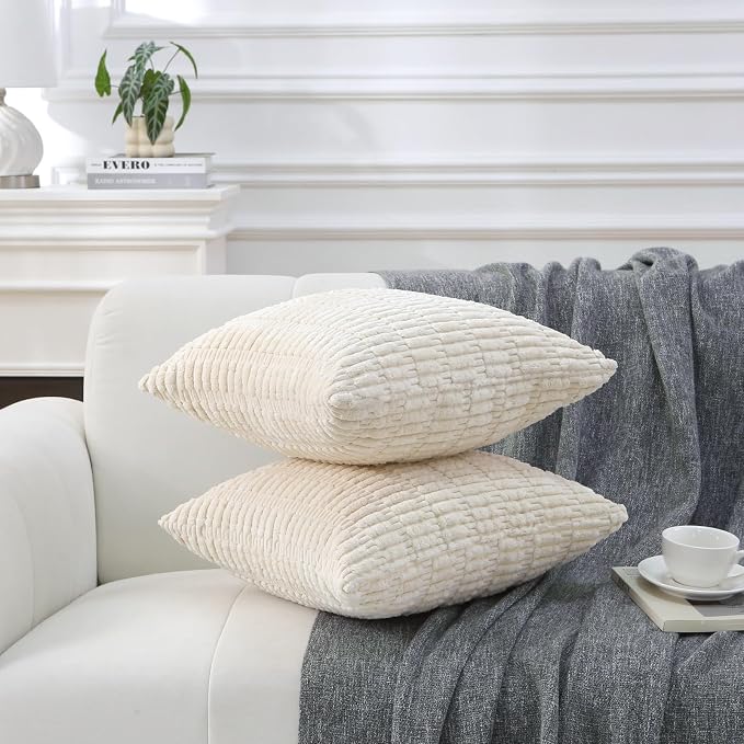 2 Pack Corduroy Decorative Throw Pillow with Inserts, 18x18 Inch Soft Boho Throw Pillow, Square Striped Throw Pillows for Couch, Bed, Sofa Decor (White)