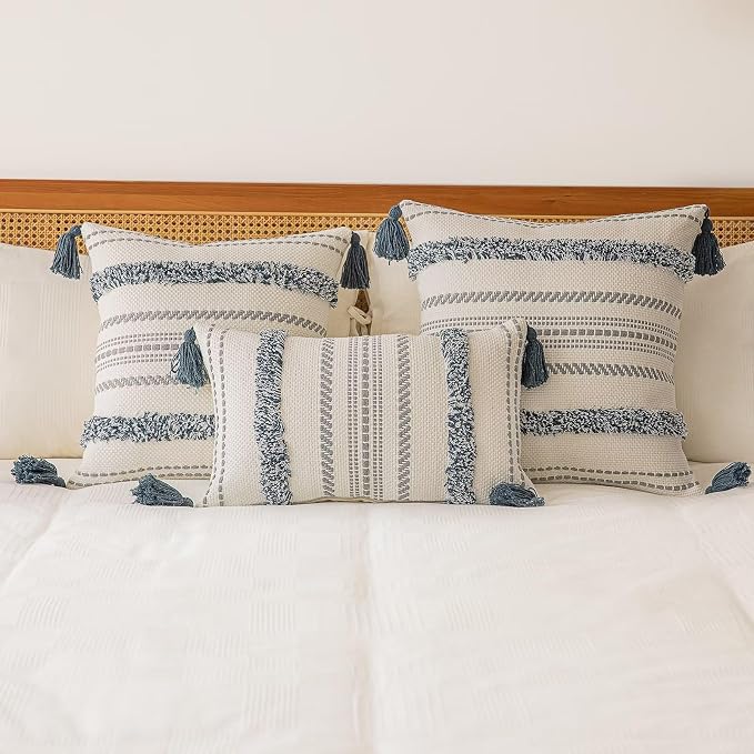 BUIOVBEY Boho Throw Pillow Covers Woven Tufted Pillow Cases with Tassels | Farmhouse Pillow Covers 20x20 Set of 2 Textured Striped Cushion Case Neutral Decorative Pillowcase for Sofa Couch Dark Blue