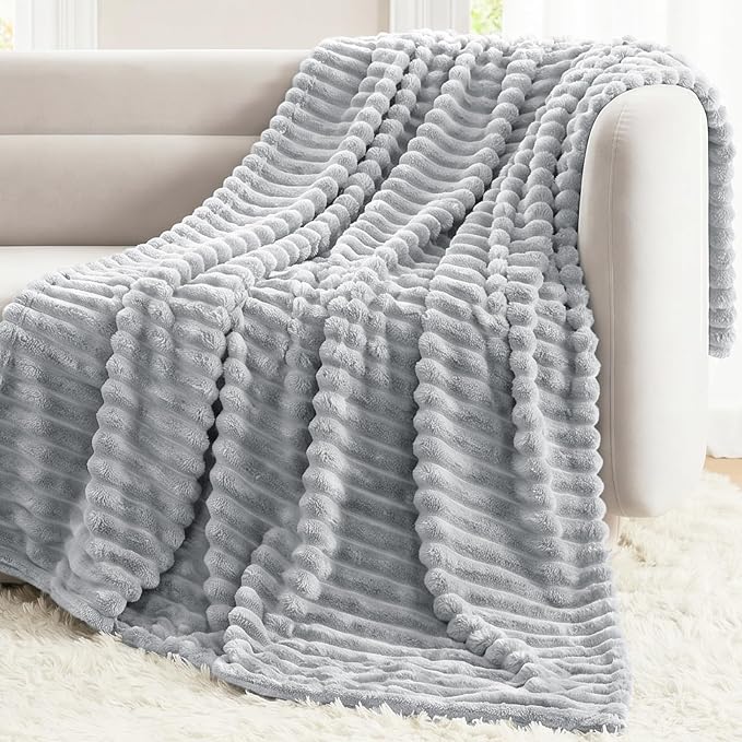 Light Gray Twin Blanket for Bed & Couch, 60 x 80 Inch | 300GSM Ribbed Fleece Blanket, Soft, Cozy & Lightweight, OEKO-TEX Certified, All-Season Use for Travel, Dorm & Home Decor