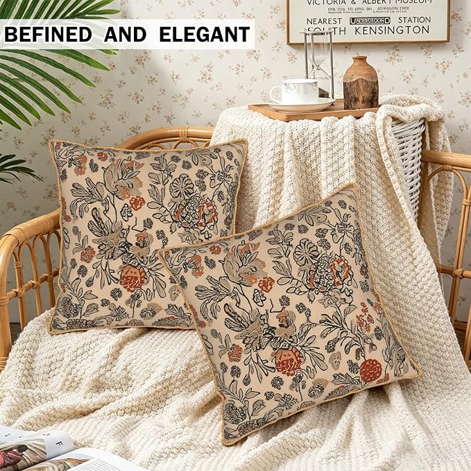 KSLIDS Art Boho Floral Soft Velvet Throw Pillow Covers Set of 2 Beige Rust Botanical Flowers Decorative Pillow Covers 18x18 Inch Farmhouse Vintage Pillow Case for Sofa Couch Living Room Home Decor