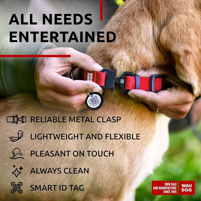 WAUDOG Waterproof Dog Collar Airtag Holder QR Tag Small Medium Large Dogs | Water and Dirt Resistant, Quick Dry QR Pet Tag Adjustable Durable Comfort for Male and Female Dogs Outdoor Walking Training
