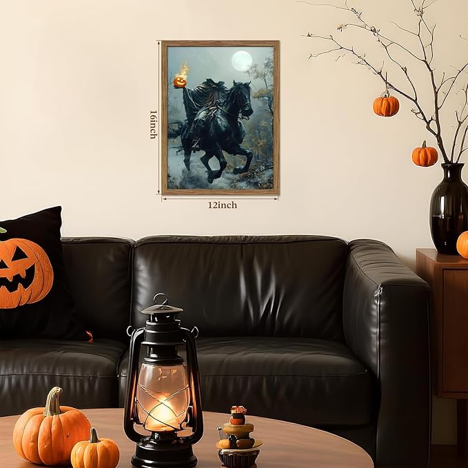 Vintage Framed Halloween Wall Art, Gothic Headless Horseman Pumpkin Picture Poster, Spooky Fall Forest Canvas Prints, Dark Academia Halloween Wall Decor for Living Room Bedroom 12x16 inch