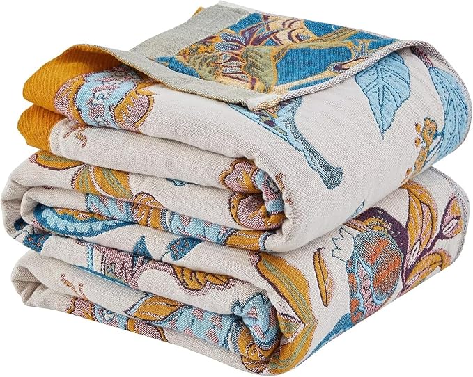 Boho Throw Blanket for Bed 100% Cotton Bohemian Blankets Ultra Soft Woven Muslin Decorative Blankets All Seasons Vintage Quilt Knitted Blanket for Sofa Chair(Beige, 60"x80")