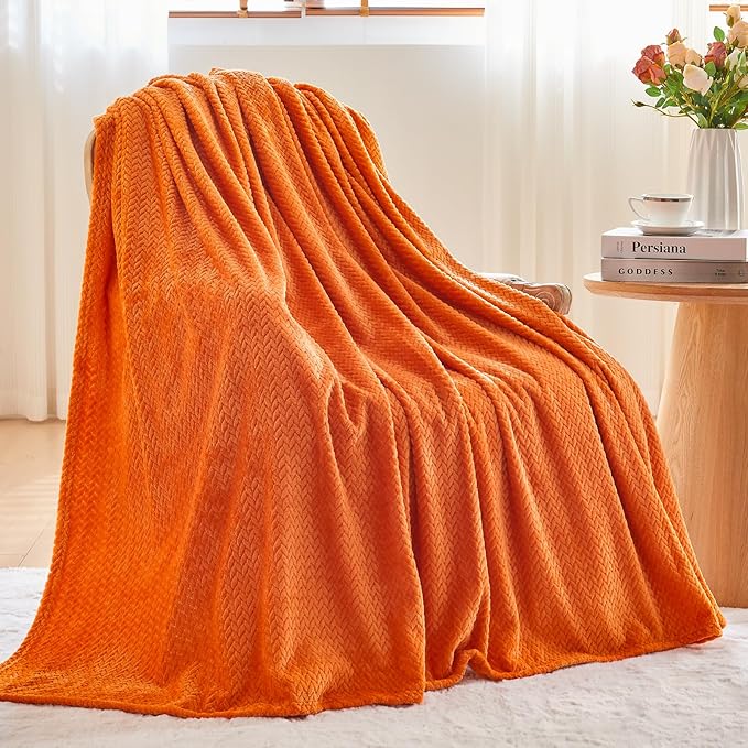 NEWCOSPLAY Fleece Leaves Pattern Twin Blanket, Orange, 60"x80" | Super Soft Throw Blanket, Lightweight Cozy Bed Sofa Blanket, Premium Silky Flannel Fleece, Travel Blanket for All Season Use