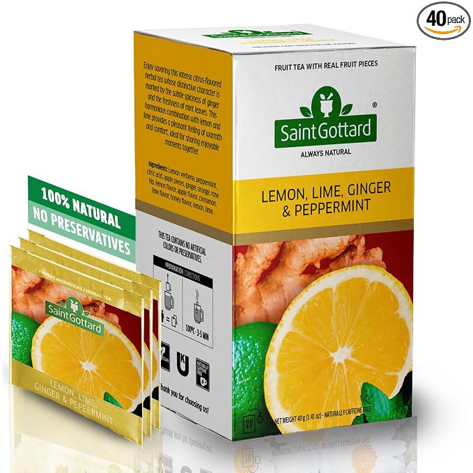 [Lemon Lime Ginger & Mint] Saint Gottard Herbal Tea – Caffeine-Free Herbal Infusion, Natural Ingredients, Hot or Iced Tea, Organic Premium Flavor Blend, Aromatic & Smooth Taste, 40 tea bags
