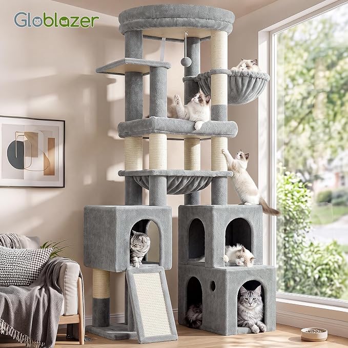 Globlazer Tall Cat Tower for Indoor Adult Cats, 72-inch, S72G, Light Grey | Heavy Duty Cat Tree House for Big Cats with 2 Extra-Large Padded Platform, 7 Sisal Scratching Posts, 3 Large Condos