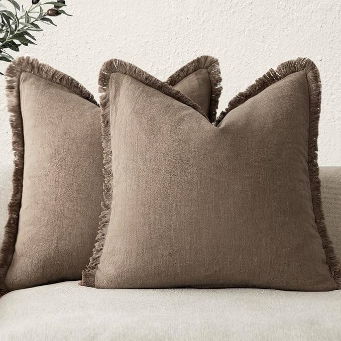 Foindtower Set of 2 Decorative Linen Fringe Throw Pillow Covers Cozy Boho Farmhouse Cushion Cover with Tassels Soft Accent Pillowcase for Couch Sofa Bed Living Room Home Decor, 16×16 Inch, Light Brown