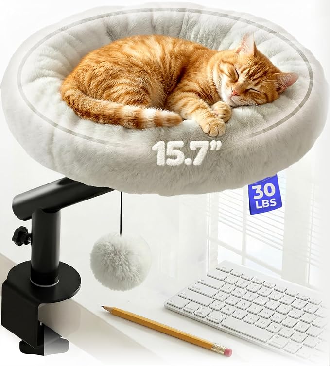 PetLovers Cat Desk Bed - Plush Elevated Desk Bed Attachment with Removable Washable Cushion, 360° Swivel Arm, Secure Clamp - Keeps Your Pet Close While You Work or Play