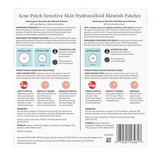Neutrogena Flawless Fix Sensitive Skin Acne Patch Duo Set, Hydrocolloid Pimple Patches to Protect and Shrink Pimples Overnight, Includes 30 Count Variety Pack & 36 Mini Patches, 66 Count