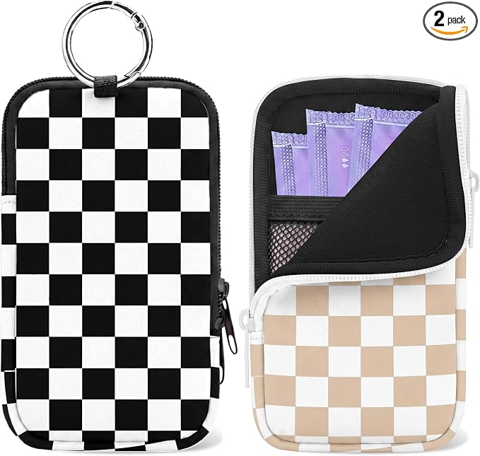 2 Pack Portable Tampon Holder Zippered Pouch with Snap Hook, Waterproof Travel-Friendly Discreet Period Bag, Feminine Products Organizer for Women Purse (Black and White Plaid)