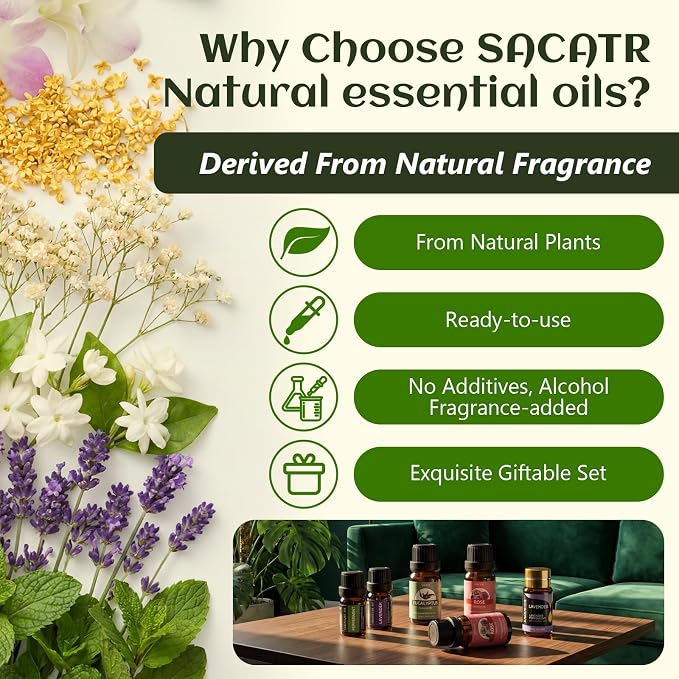 Essential Oils by SACATR Natural Essential Oil Set -12 Essential Oils Gift Set for Diffuser, Massage, Fragrance Oil Scent for DIY Candle and Soap Making (12 * 5ML)