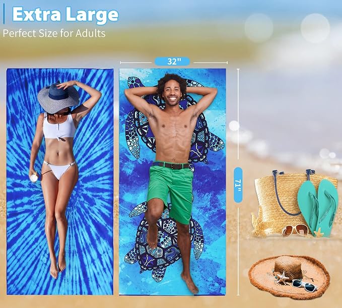 2 Pack Microfiber Thin Lightweight Beach Towel Oversized 71x32 Extra Large Sand Free Towels for Travel Swim Pool Yoga Gym Camping for Adults Women Men Beach Essentials Accessories Vacation Gift
