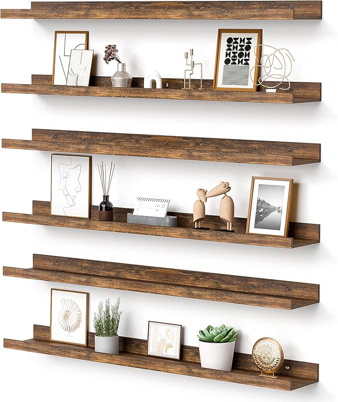 upsimples Floating Shelves for Wall Decor and Storage, Brown, 6Pcs 35.5'' | Wall Mounted Wood Shelves for Living Room, Bedroom, Kitchen, Office, Nursery Room, Coffee Bar Display and Organize