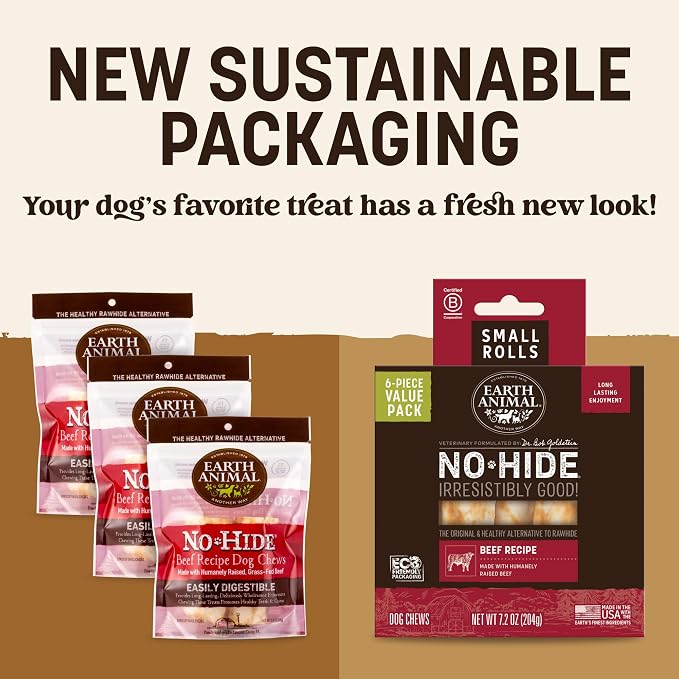 Earth Animal No Hide Dog Chews - Rawhide Free Small Rolls 6 Count Beef | Small Rolls Beef Flavored Natural Rawhide Free Long Lasting Dog Chews - Pet Treats for Small Dogs