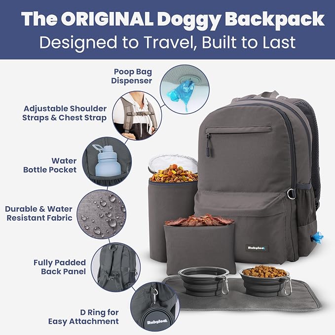 Rubyloo Dog Travel Backpack for Supplies - Dog Diaper Bag with Travel Bowls