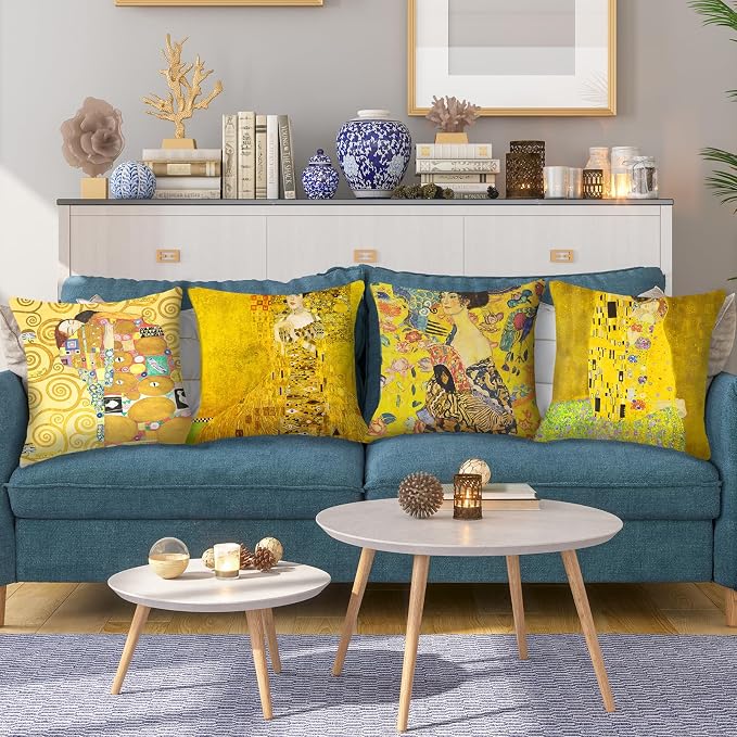 Klimt Art Pillow Covers 18x18 inch Set of 4 Famous Painting The Kiss by Gustav Klimt Cushion Covers Yellow Modern Decorative Pillow Cases for Sofa Couch Bed Office