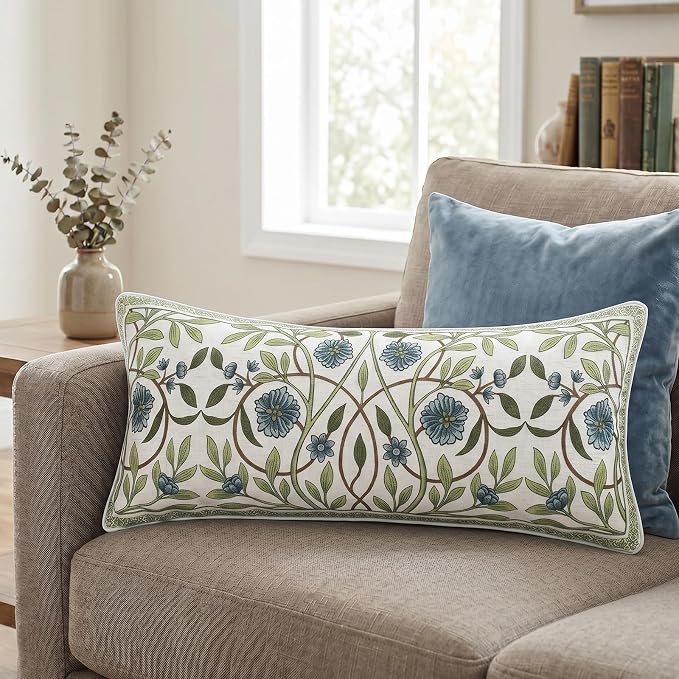 Designer Linen Throw Pillow Cover,Set of 2,28"x12"-Mosella A | Vintage Elegant Rectangle Decor Pillow Cover,Concealed Zipper Design,Floral Pattern,Sofa,Bedroom,Living Room,Lounge Chairs