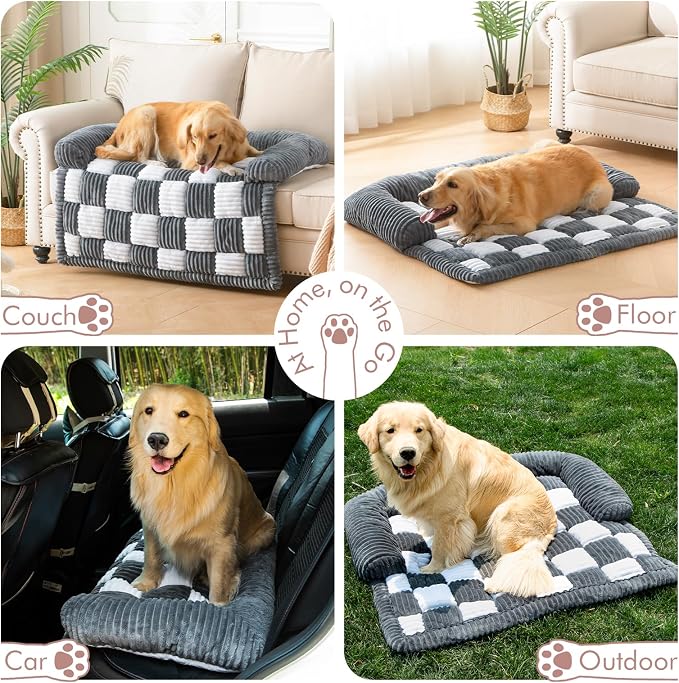 Dog Bed for Couch with Bolster, Comfy Couch Cover for Dogs Washable, Non-Slip Plush Furniture Protector, Calming Fuzzy Lounge Mat, Pet Sofa Accessories (Grey, X-Large)