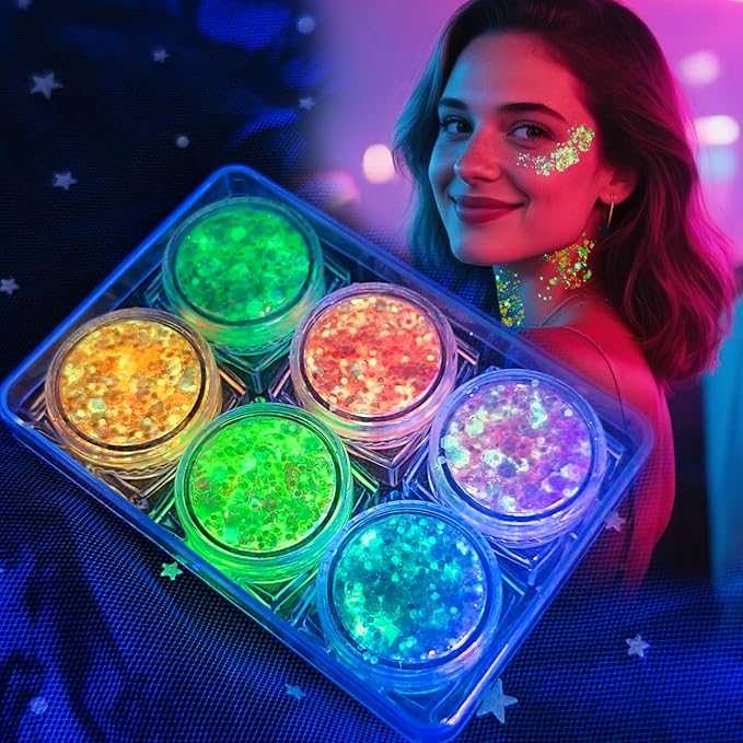 6 Colors Glow Body Glitter Gel, Glow in The Dark Hair Face Glitter Gel, Rave Accessories for Festivals Carnival UV Black Light Party