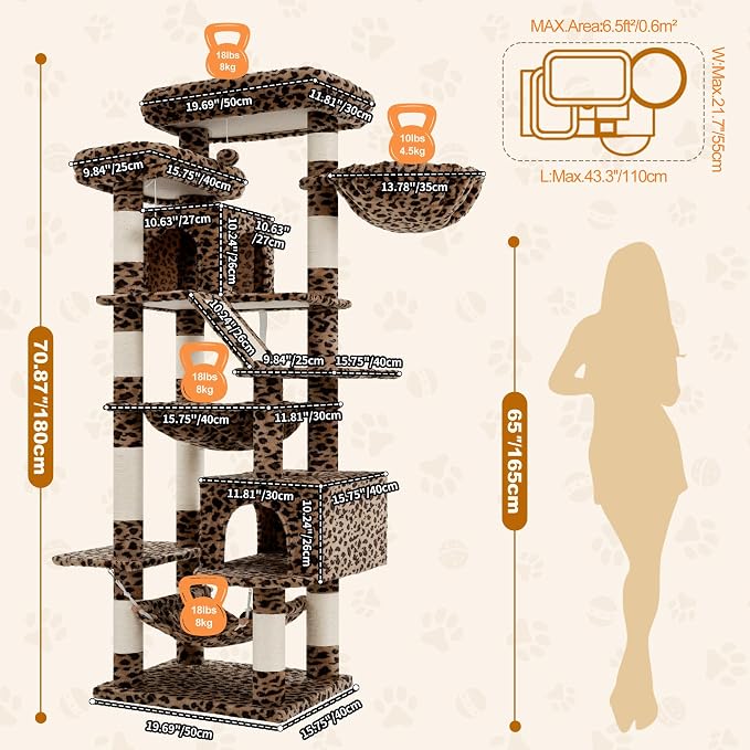 Heybly Cat Tree, 71-Inch-Tall Tower for Indoor Cats with 2 Perches HCT034BW | Large Cat Furniture with 2 Big Condos, 2 Hammocks, Basket, Scratching Pad, Multi-Level Cat Condo, Leopard Print