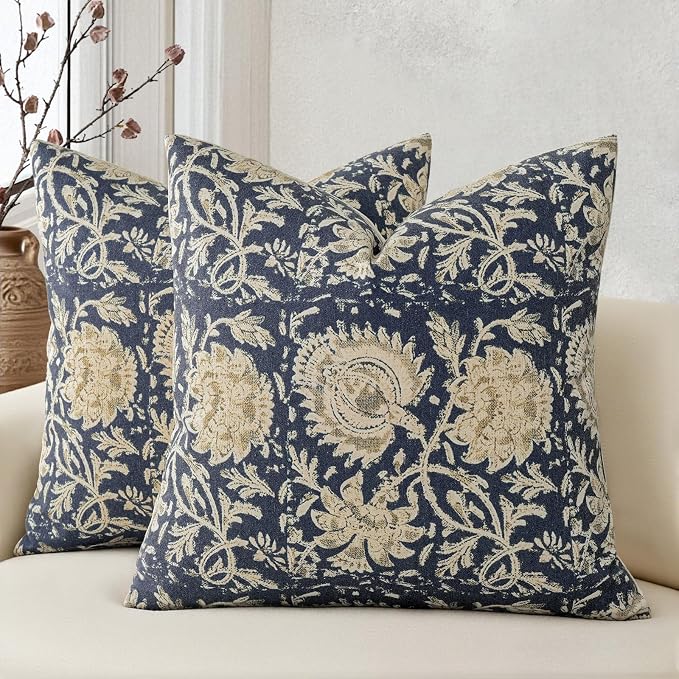Vintage Floral Print Throw Pillow Covers 22x22 Set of 2 Neutral Modern Farmhouse Pillow Cases Accent Decorative Cushion Covers Boho Home Decor for Couch Sofa Chair Bed Living Room, Navy