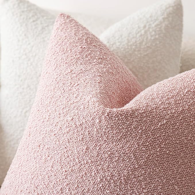 Foindtower Set of 2, Decorative Textured Boucle Throw Pillow Covers Accent Solid Pillow Cases Neutral Soft Cozy Couch Cushion Case for Chair Sofa Bedroom Living Room Home Decor 24x24 Inch Sakura Pink