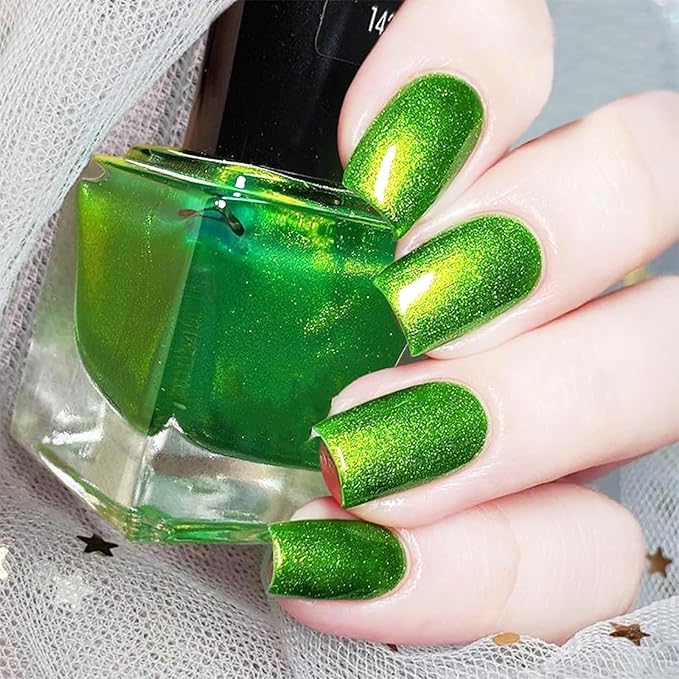 COSMOO Green Nail Polish, 12ml Bright Quick Dry Nail Lacquer, Shimmer Art Varnish, 0.41 fl oz (Shimmer Green)