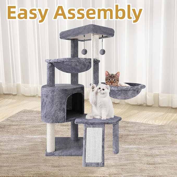 Three Layer Cat Tree with Cat Condo Scratch Pad and Two Hammocks,Grey | 3-Tier Cat Tree,Natural Sisal,Replaceable Hanging Balls,Sturdy Cat Furniture for Kitten&Adult Cat