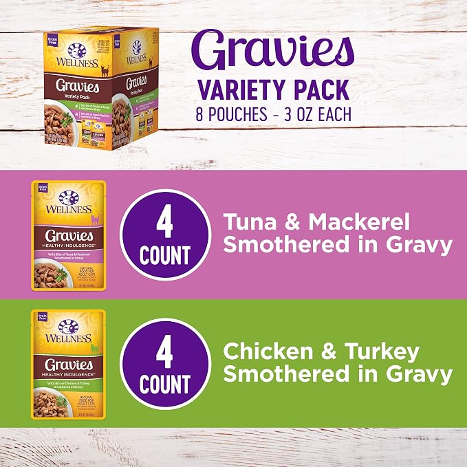 Wellness Healthy Indulgence Gravies Variety Pack Adult Wet Cat Food, Natural, Protein Rich, Grain Free, 2 Flavors, 3 oz, Pack of 8 Pouches