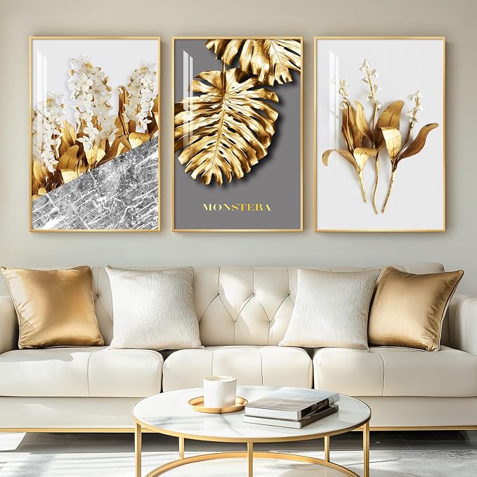 Framed Modern Luxury Large Gold Wall Art for Living Room, Set of 3 Piece Contemporary Paintings Artwork for Walls, Golden Leaf Prints with Gold Frame, Pictures for Office Wall Decor - Total 30" x 60"