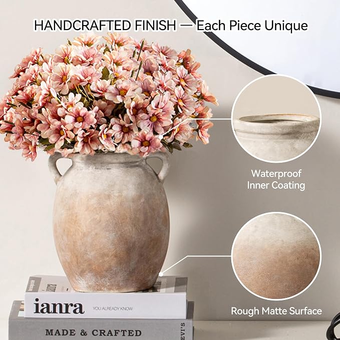Dobbyby Ceramic Flower Vase 7.6 inch Farmhouse Rustic Vase Decorative Pottery Terracotta Vases for Home Decor Table Mantle Fireplace Living Room Bathroom Wedding Centerpiece (Aged Terra)