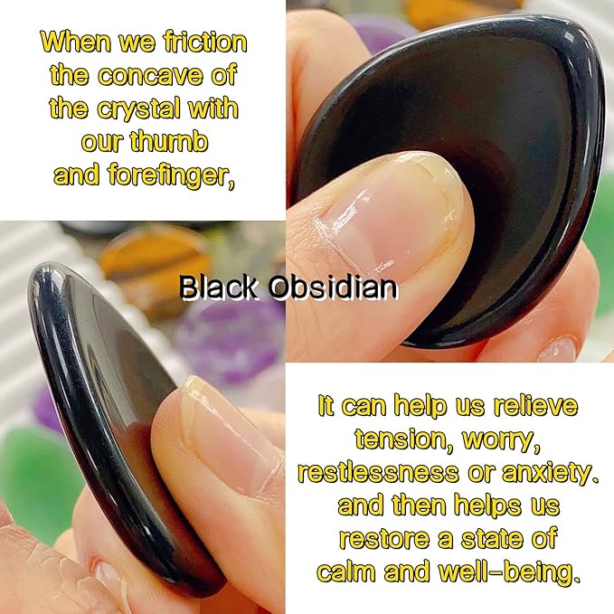 QINJIEJIE 2PCS Crystals Thumb Worry Stones for Anxiety Lapis Lazuli Obsidian Hand Carved Worry Stone Pocket Gemstones Meditation Crystal Reiki Relax Palm Stone Gift for Men