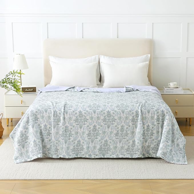 Viviland Cotton Muslin Blanket Reversible Fleece Blanket Lightweight Breathable Gauze Queen Size 90 x 90 Inches, Green Narcissus