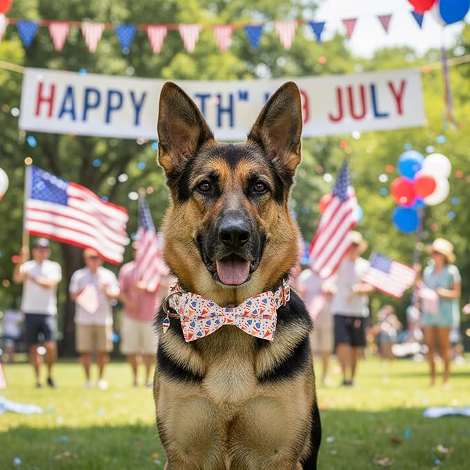 ADOGGYGO Patriotic Dog Collar with Bow Tie, Detachable Ice Cream Print Bowtie, Adjustable 4th of July Collar for Extra Large Dogs (XL)