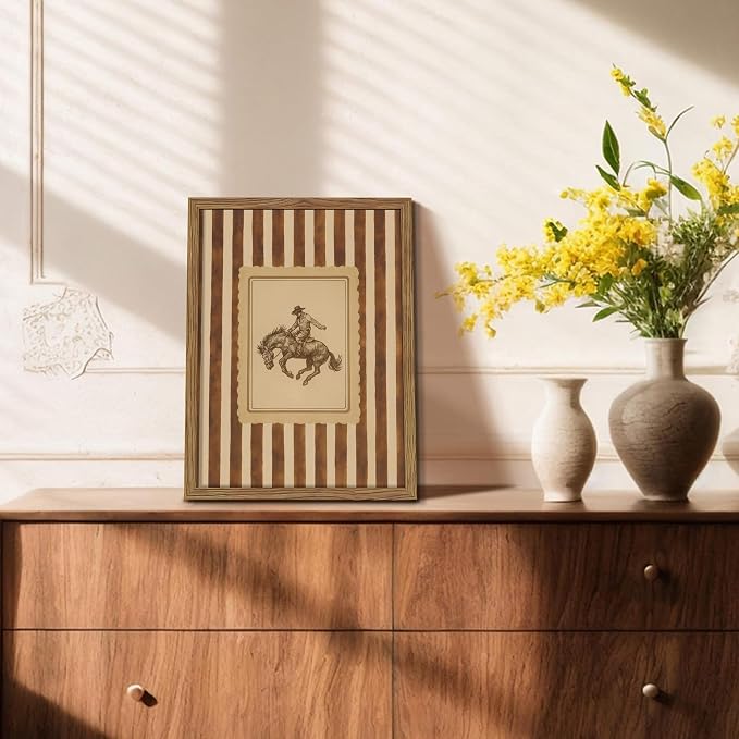 Framed Vintage Western Wall Art, Southwestern Cowboy Horse Canvas Wall Decor Painting, Mid Century Rustic Striped Cowboy Artwork Print Picture for Living Room Bedroom Bathroom 12x16 Inch