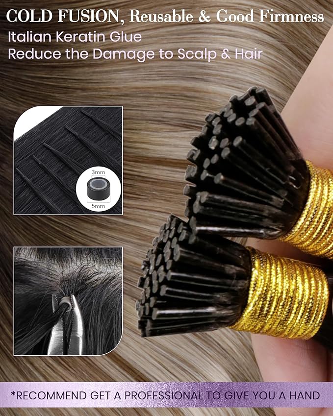 LaaVoo Itip Human Hair Extensions Ombre I Tip Hair Extensions Balayage Brown to Medium Brown with Blonde Remy Hair 50 Strands 50g 22inch