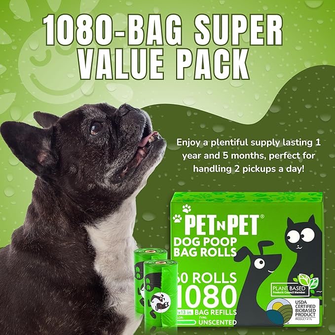 Pet N Pet Poop Bags for Dogs, 1080 Count, Plant Based, Unscented, Green | USDA Certified, 41%, Doggy, Leak-Proof, Refill, Waste, Tear-Resistant, Easy-Tear Design, dog waste bags